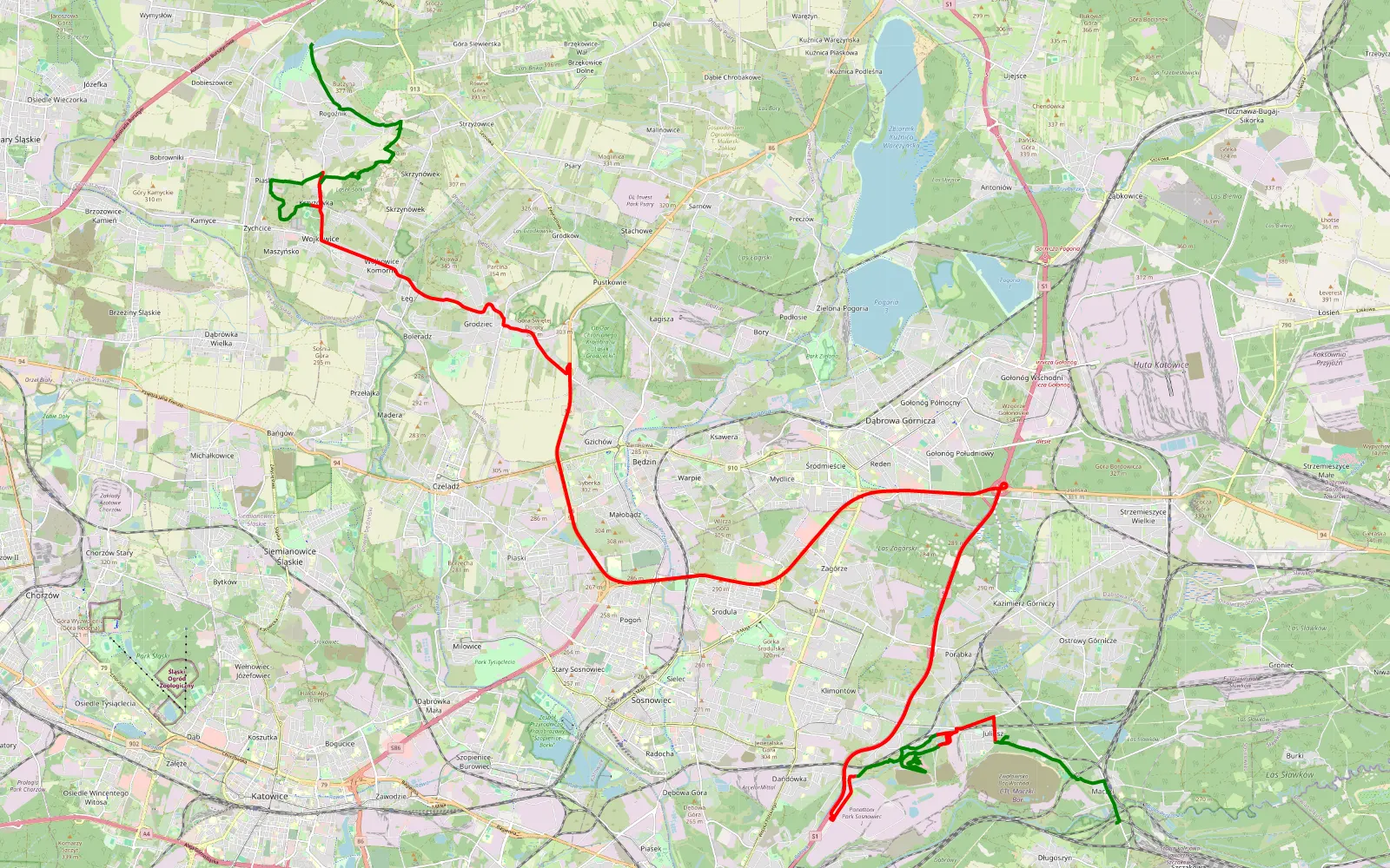 Mapa trasy Maczki - Rogoźnik - 51 km trasy offroad, Powiat Będziński