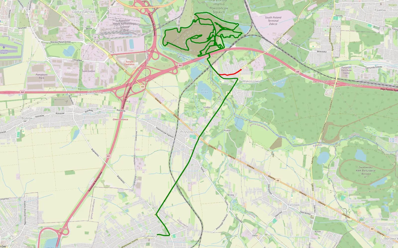 Map of Makoszowy - Gierałtowice - 25.7 km offroad trail, Zabrze