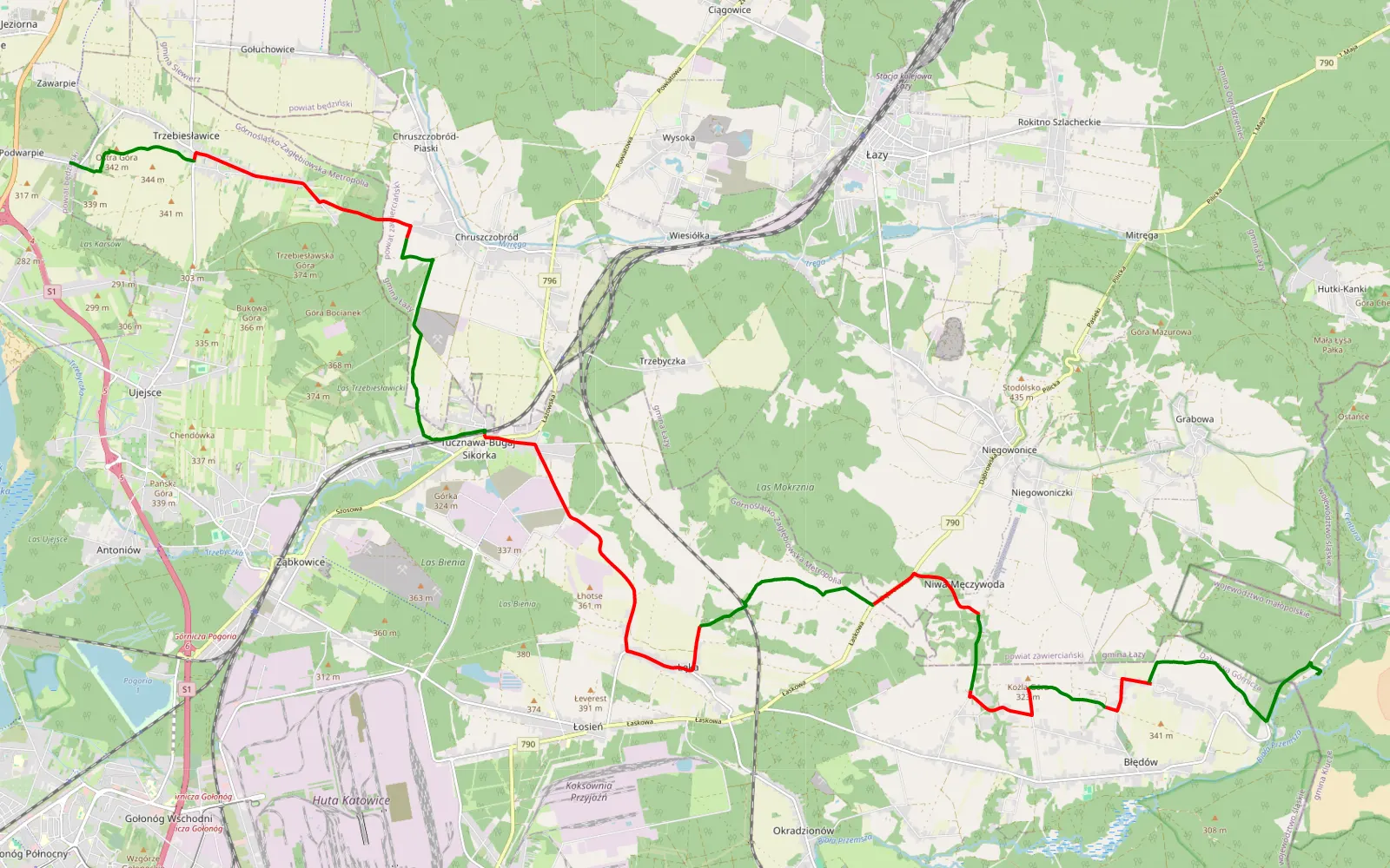 Mapa trasy Podwerpie - Skałbania - 28.2 km trasy offroad, Dąbrowa Górnicza