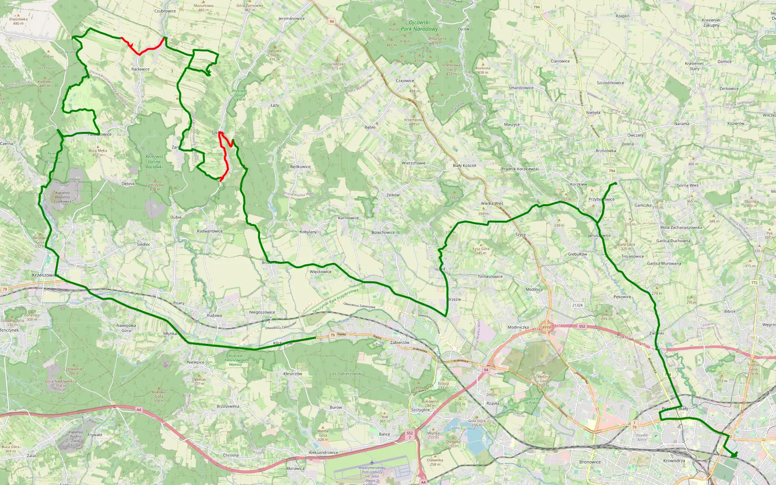 Mapa trasy Prądnik Czerwony - Kochanów - 26.7 km trasy offroad, Powiat Krakowski