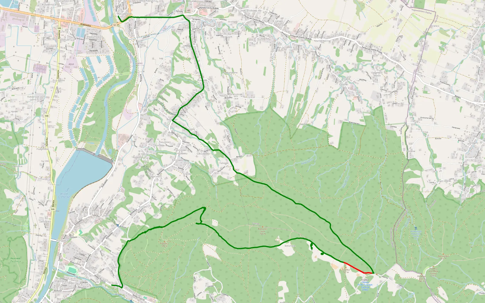 Mapa trasy Kobiernice - Porąbka - 8.7 km trasy offroad, Powiat Bielski