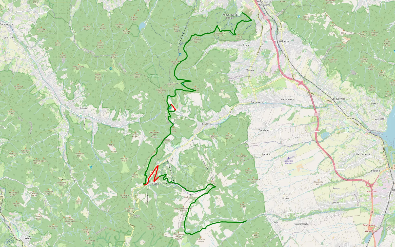 Map of Kozia góra-Skrzyczne - 37.3 km offroad trail, Bielsko County