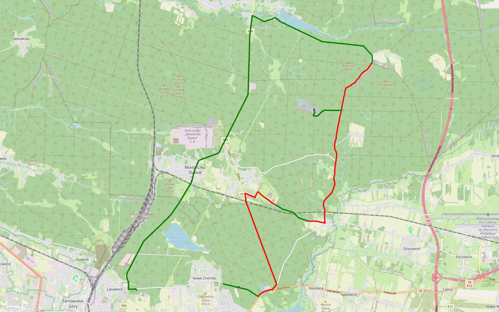 Mapa trasy Stare Chechło - Lasowice - 23.9 km trasy offroad, Powiat Tarnogórski
