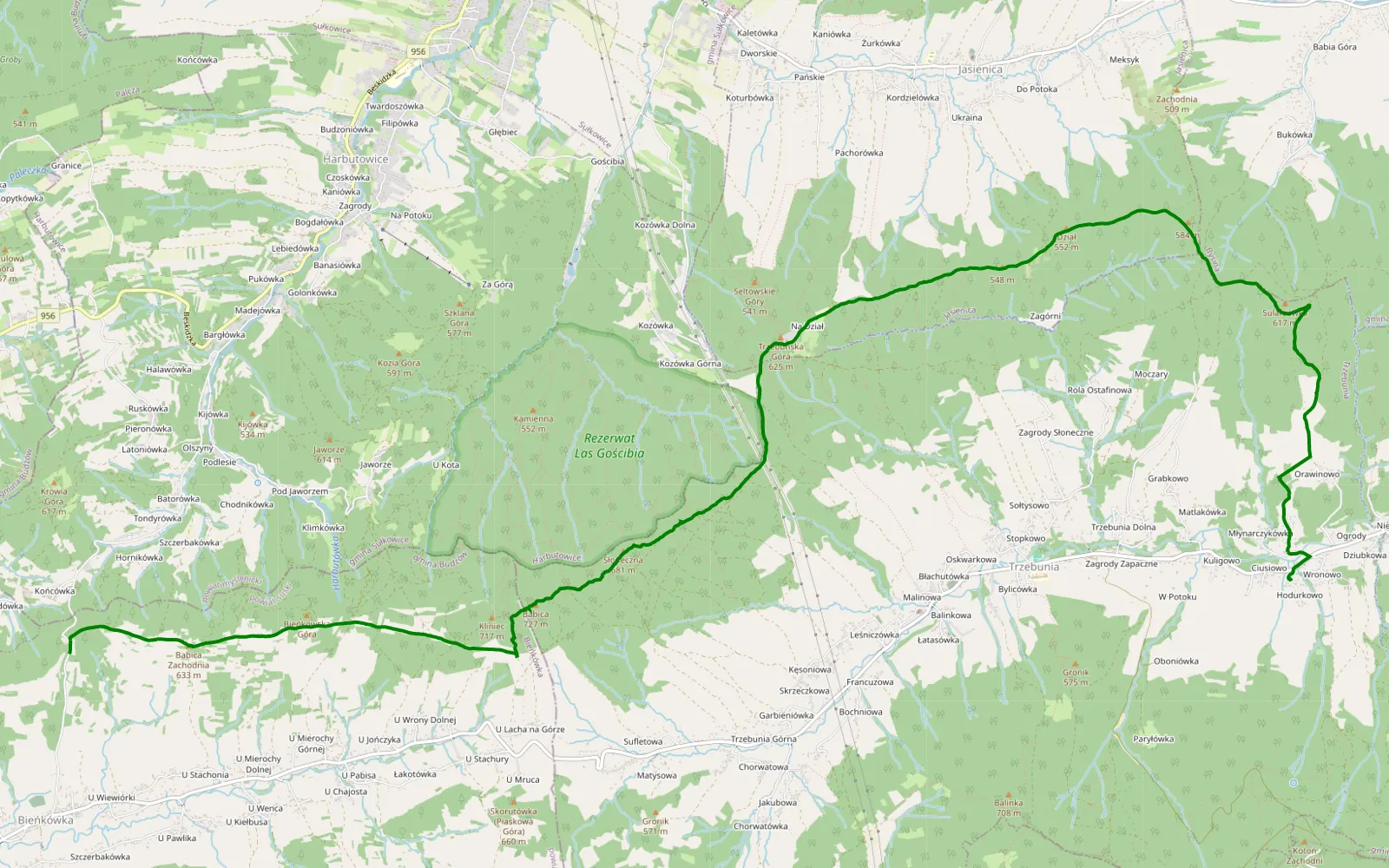 Mapa trasy Jaworzyny - Bieńkówka - 13.9 km trasy offroad, Powiat Myślenicki