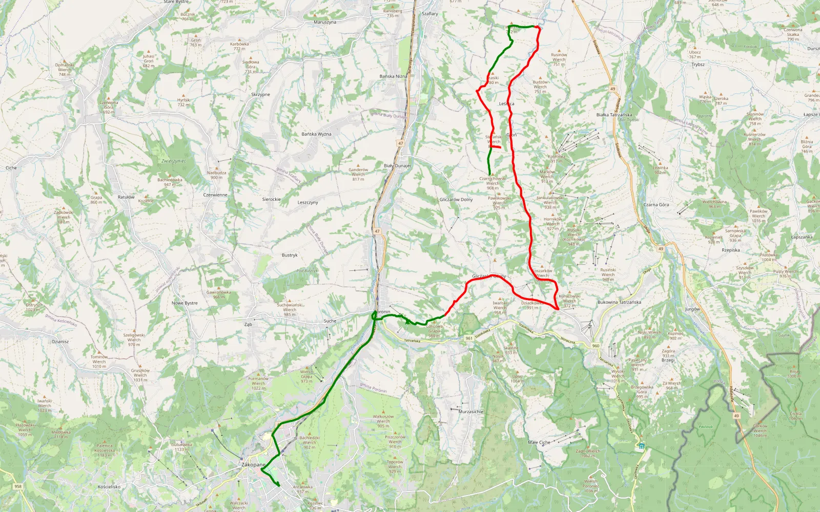 Map of Groń - Zakopane - 23.9 km offroad trail, Tatra County