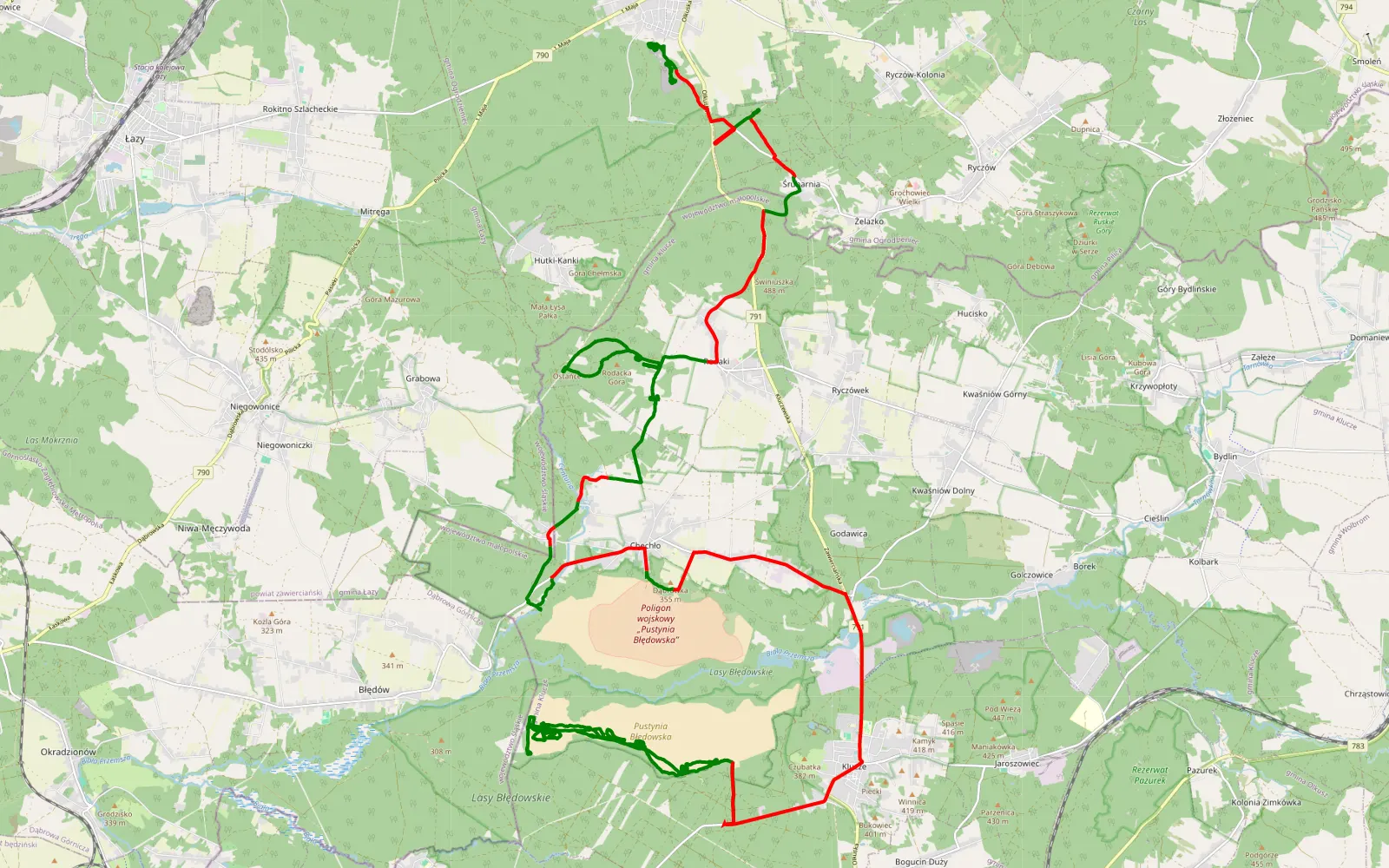 Mapa trasy Klucze - Ogrodzieniec - 53 km trasy offroad, Powiat Olkuski
