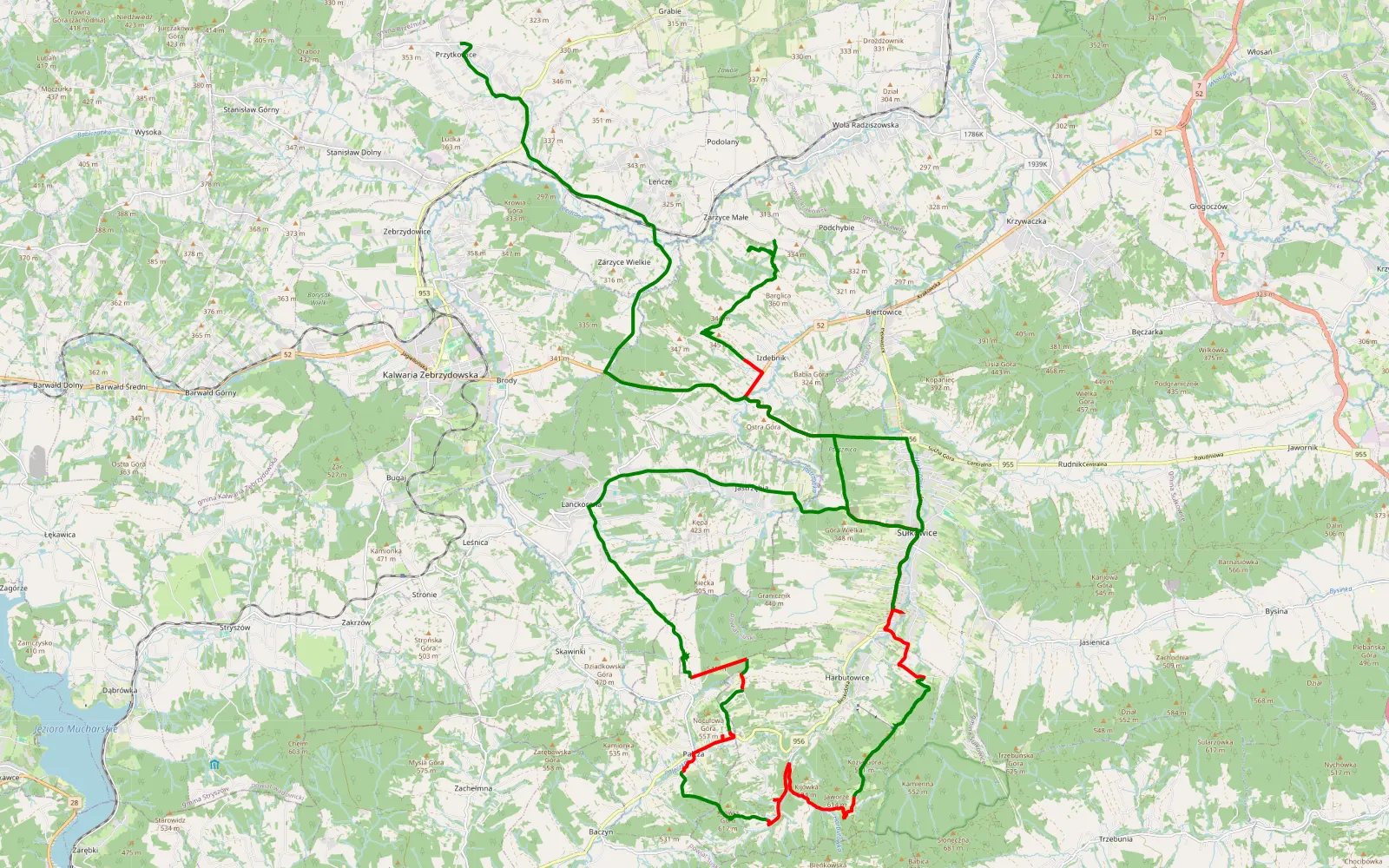 Mapa trasy Zarzyce Małe - Przytkowice - 31.4 km trasy offroad, Powiat Myślenicki