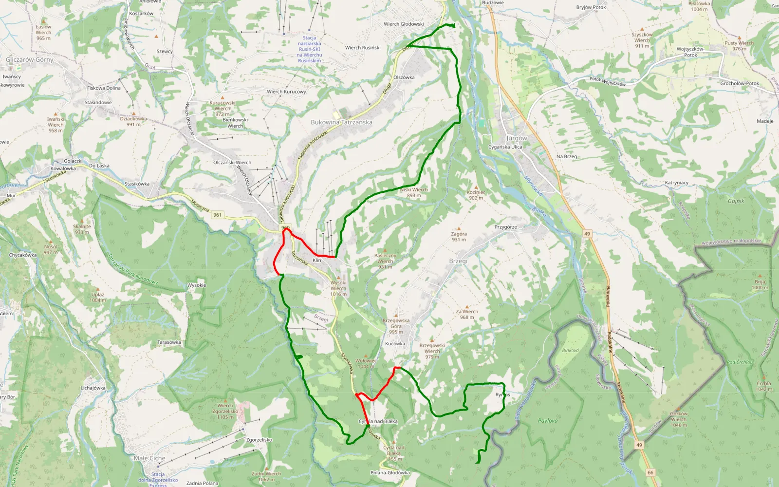 Map of Bryjowie - Brzegi - 12.9 km offroad trail, Tatra County