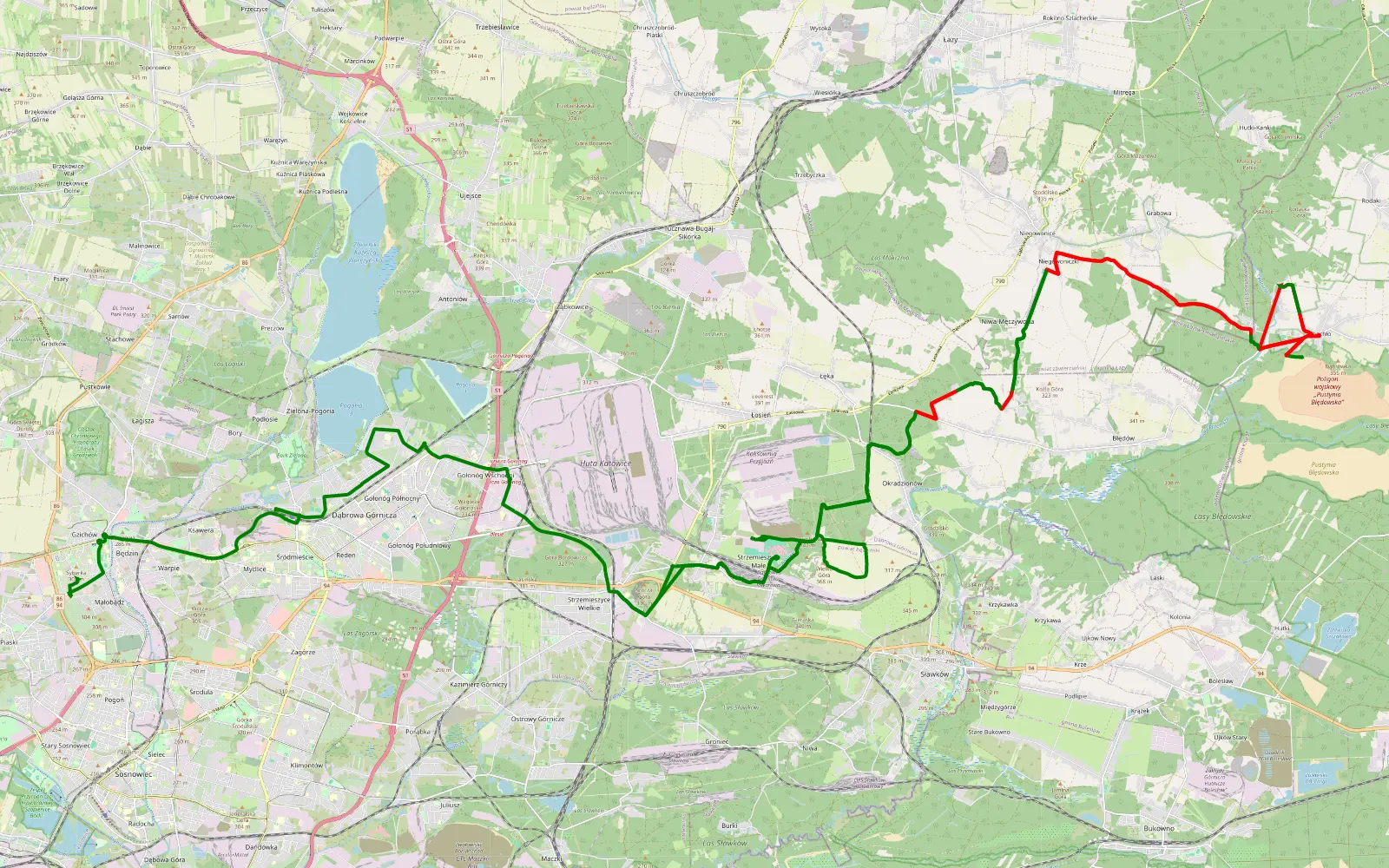 Mapa trasy Błędów sierpień 2025 - 58.2 km trasy offroad, Dąbrowa Górnicza