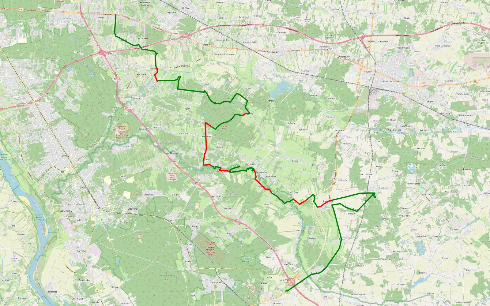 Mapa trasy Zakręt - Człekowka - 35.6 km trasy offroad, Powiat Otwocki