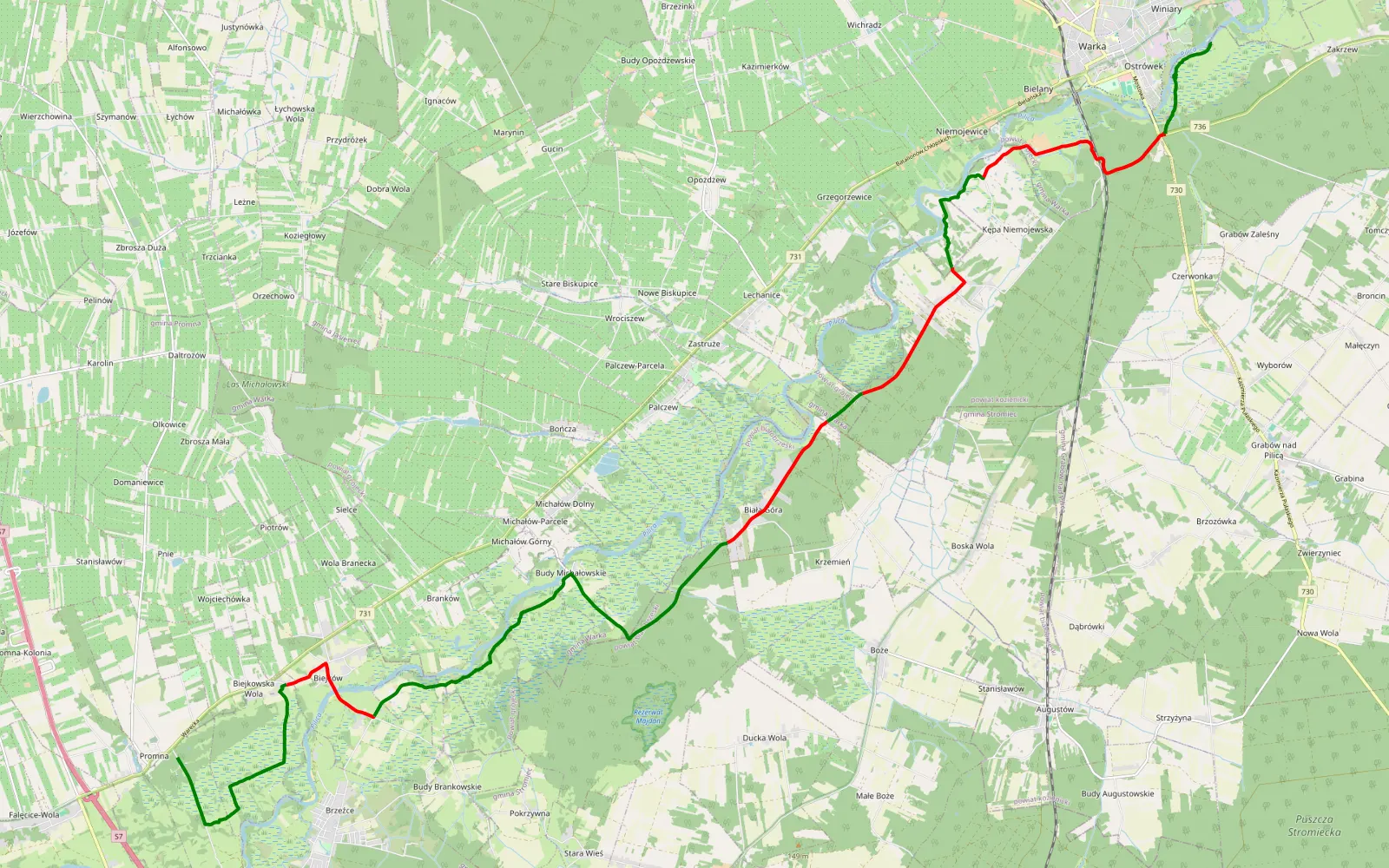 Mapa trasy Promna - Winiary - Warka miejscówka - 29.1 km trasy offroad, Powiat Białobrzeski