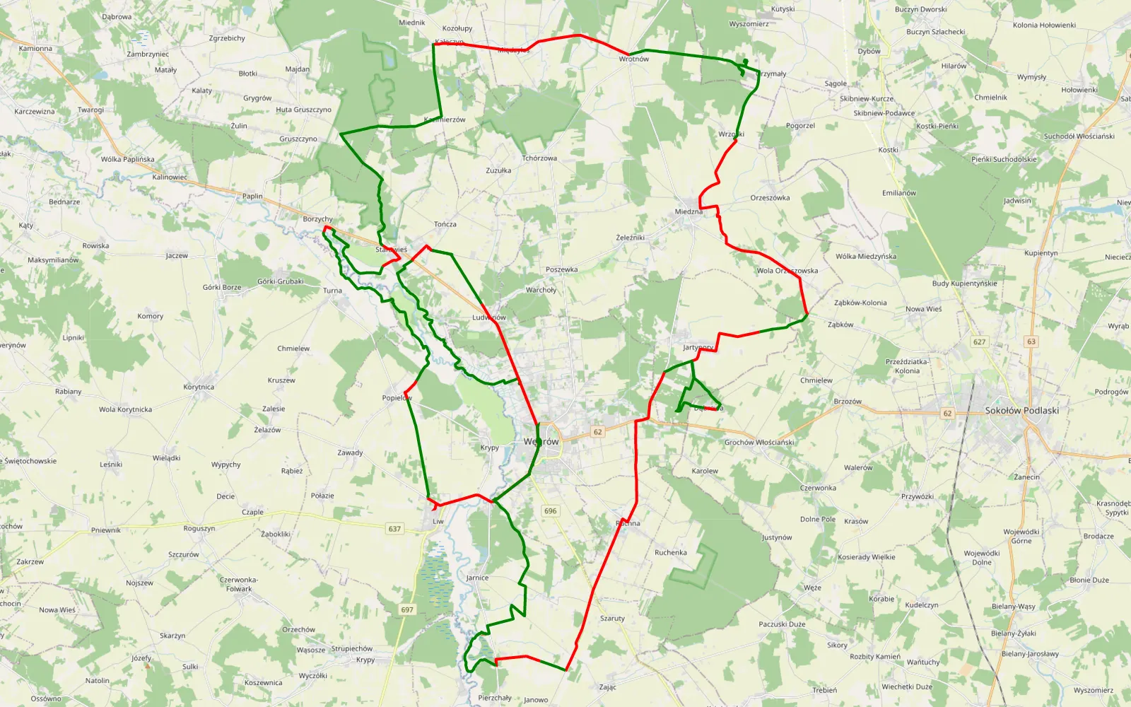 Map of Węgrów - 110.6 km offroad trail, Węgrów County