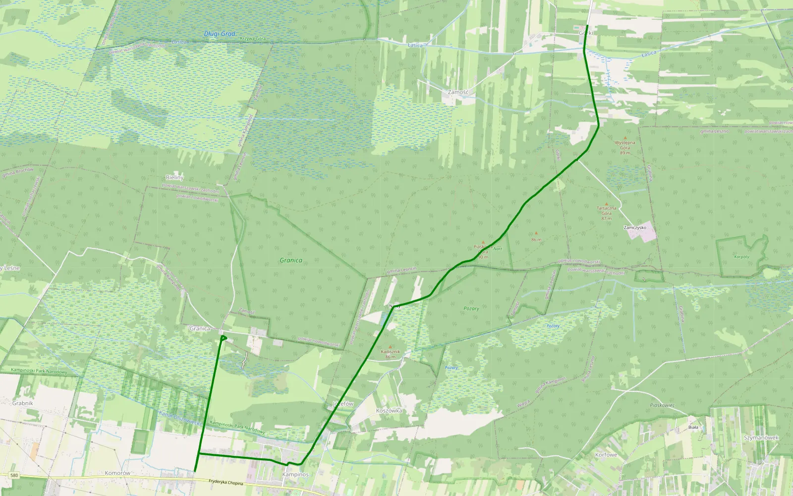 Mapa trasy Granica - Górki - 2 km trasy offroad, Powiat Nowodworski