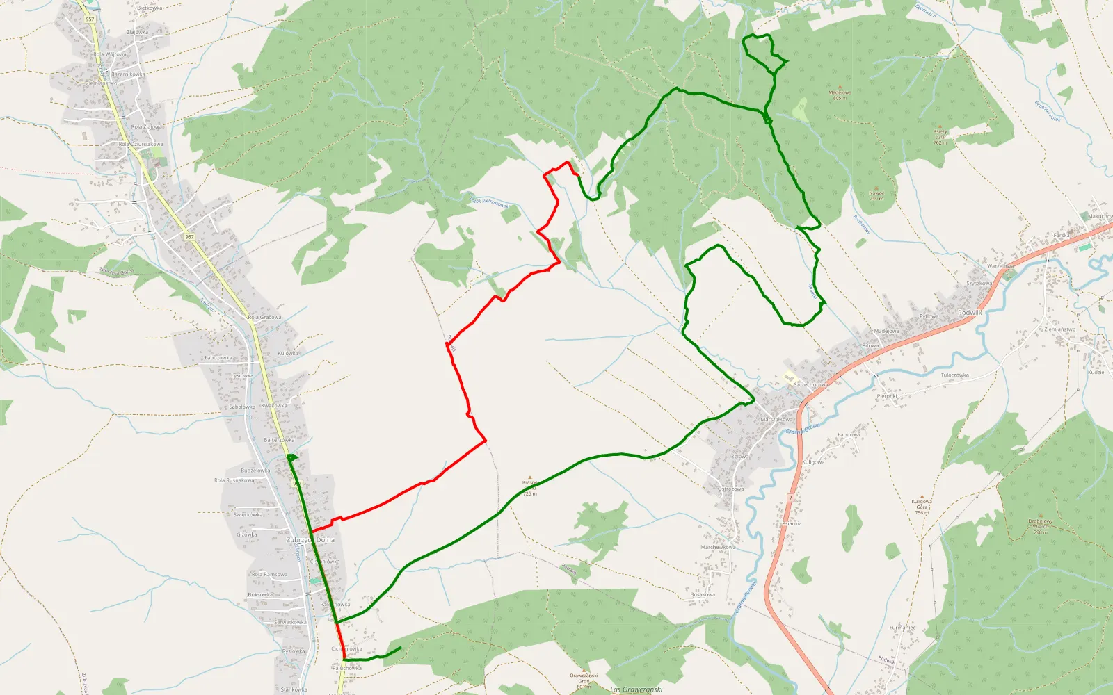 Map of Zubrzyca Dolna - 12.7 km offroad trail, Nowy Targ County