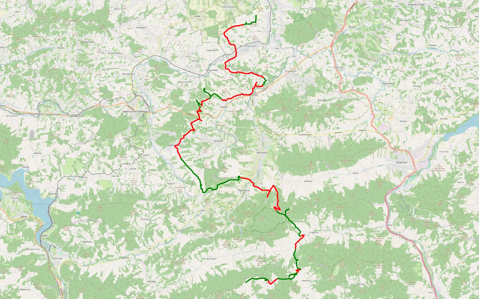 Mapa trasy Leśne dukty - 53.5 km trasy offroad, Powiat Myślenicki