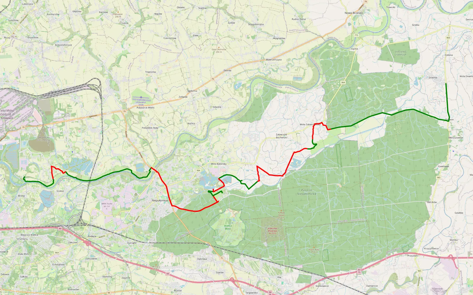 Mapa trasy Brzegi - Drwinia - 36.9 km trasy offroad, Powiat Wielicki