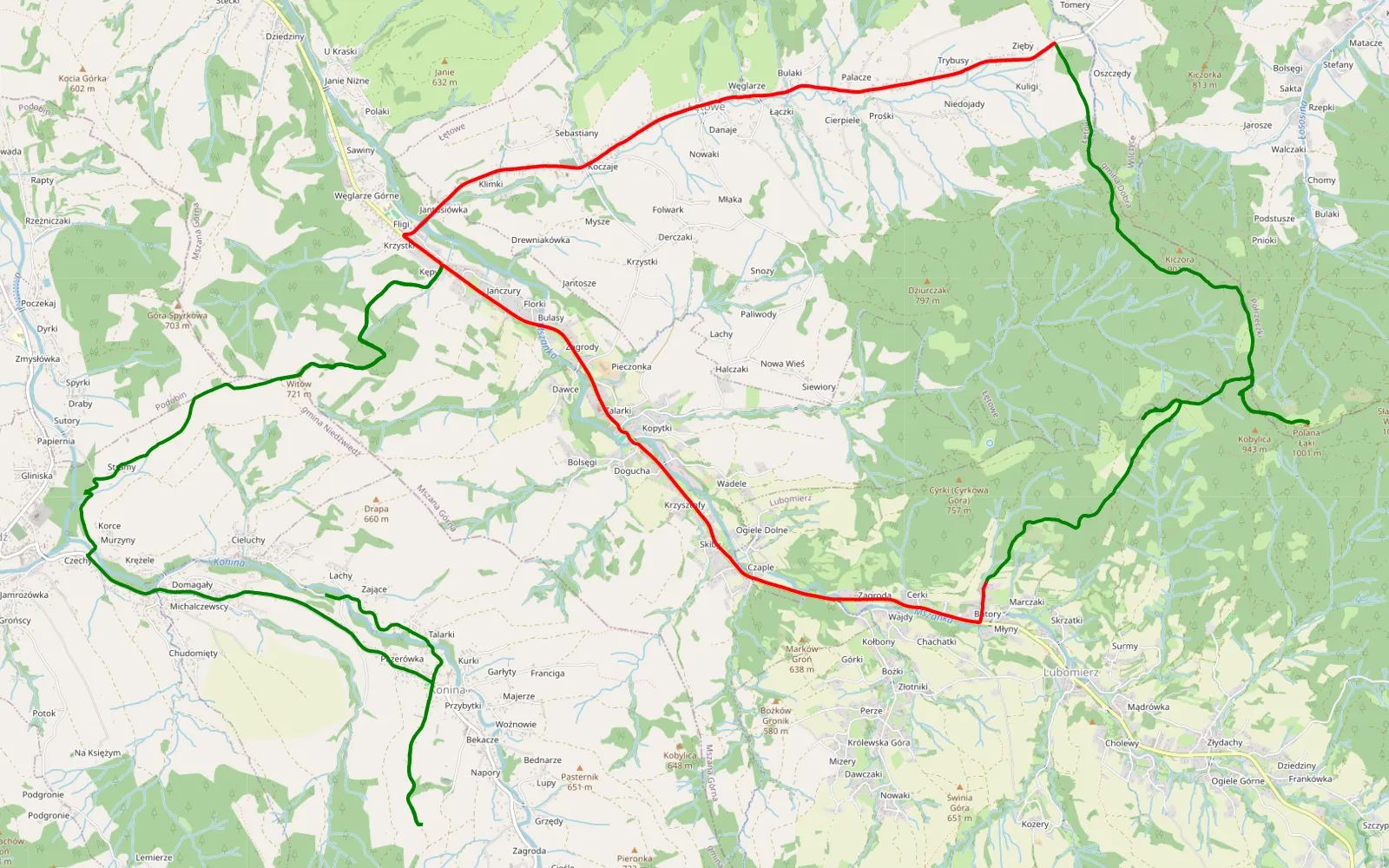 Mapa trasy Podobin - Konina - 25.3 km trasy offroad, Powiat Limanowski