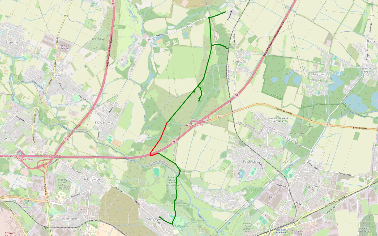 Mapa trasy Sołtysowice - Pasikurowice - 7.6 km trasy offroad, Powiat Trzebnicki