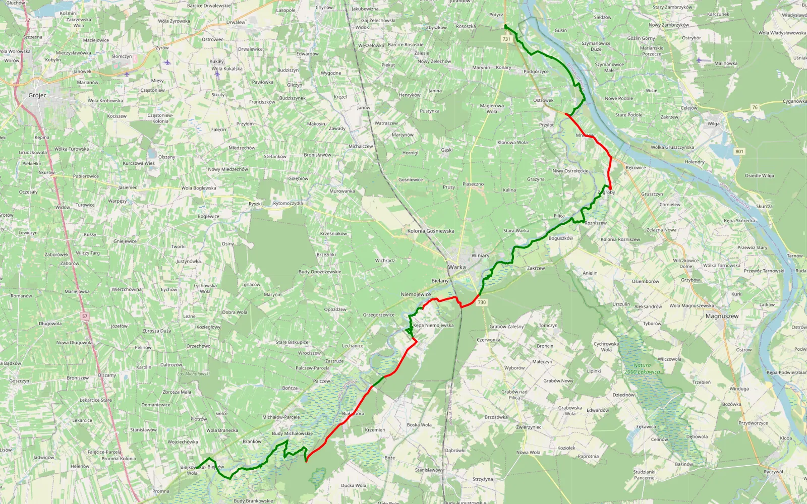 Mapa trasy Potycz - Biejkowska Wola - 47.4 km trasy offroad, Powiat Grójecki