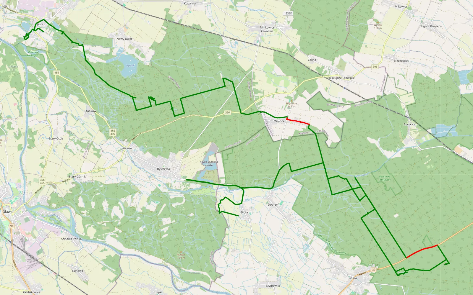Mapa trasy Jelcz Laskowice - Błota - 47.2 km trasy offroad, Powiat Brzeski