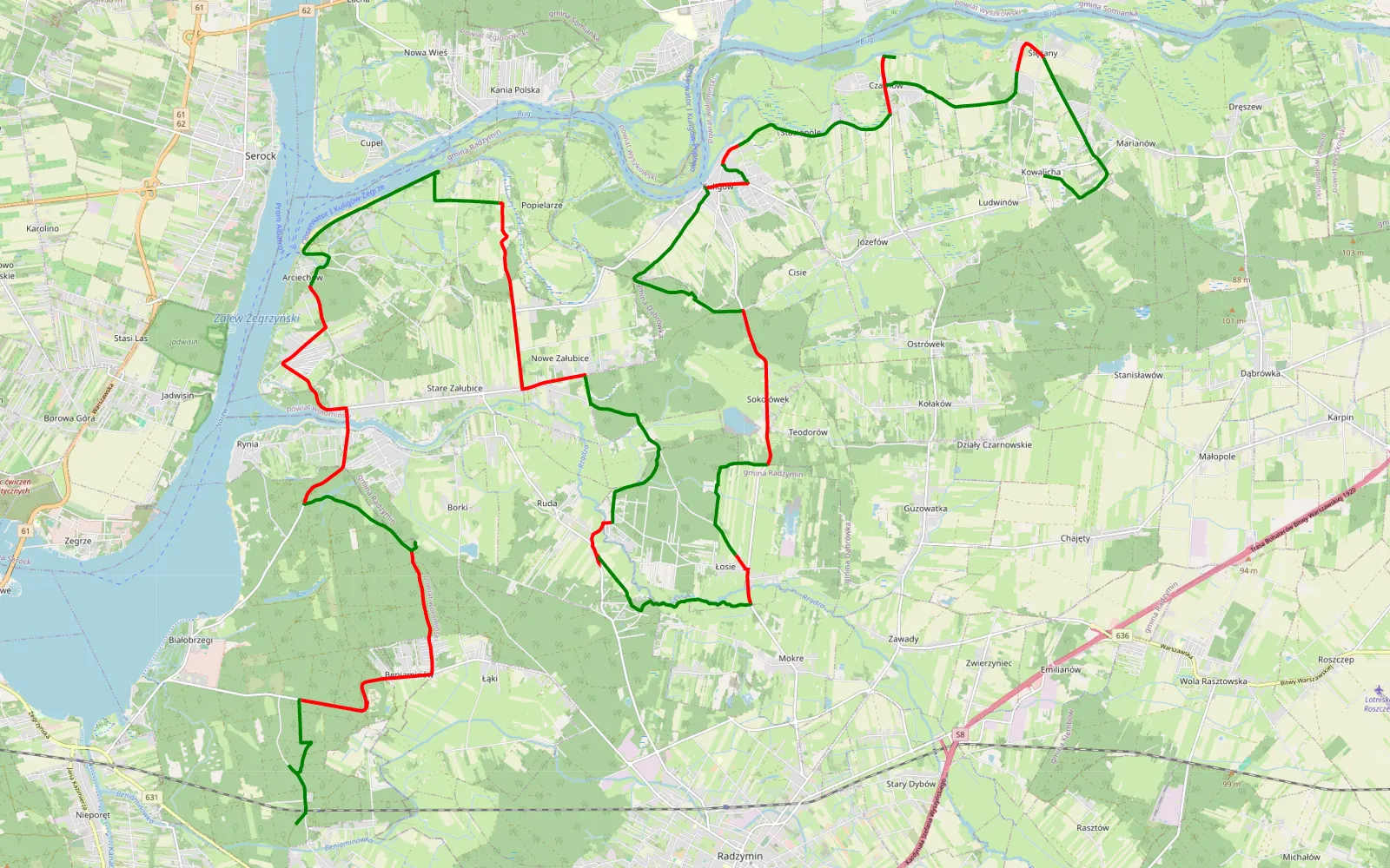 Mapa trasy Wólka Radzymińska - Ludwinów Wzdłuż Narwi i Bugu - 50.8 km trasy offroad, Powiat Wołomiński