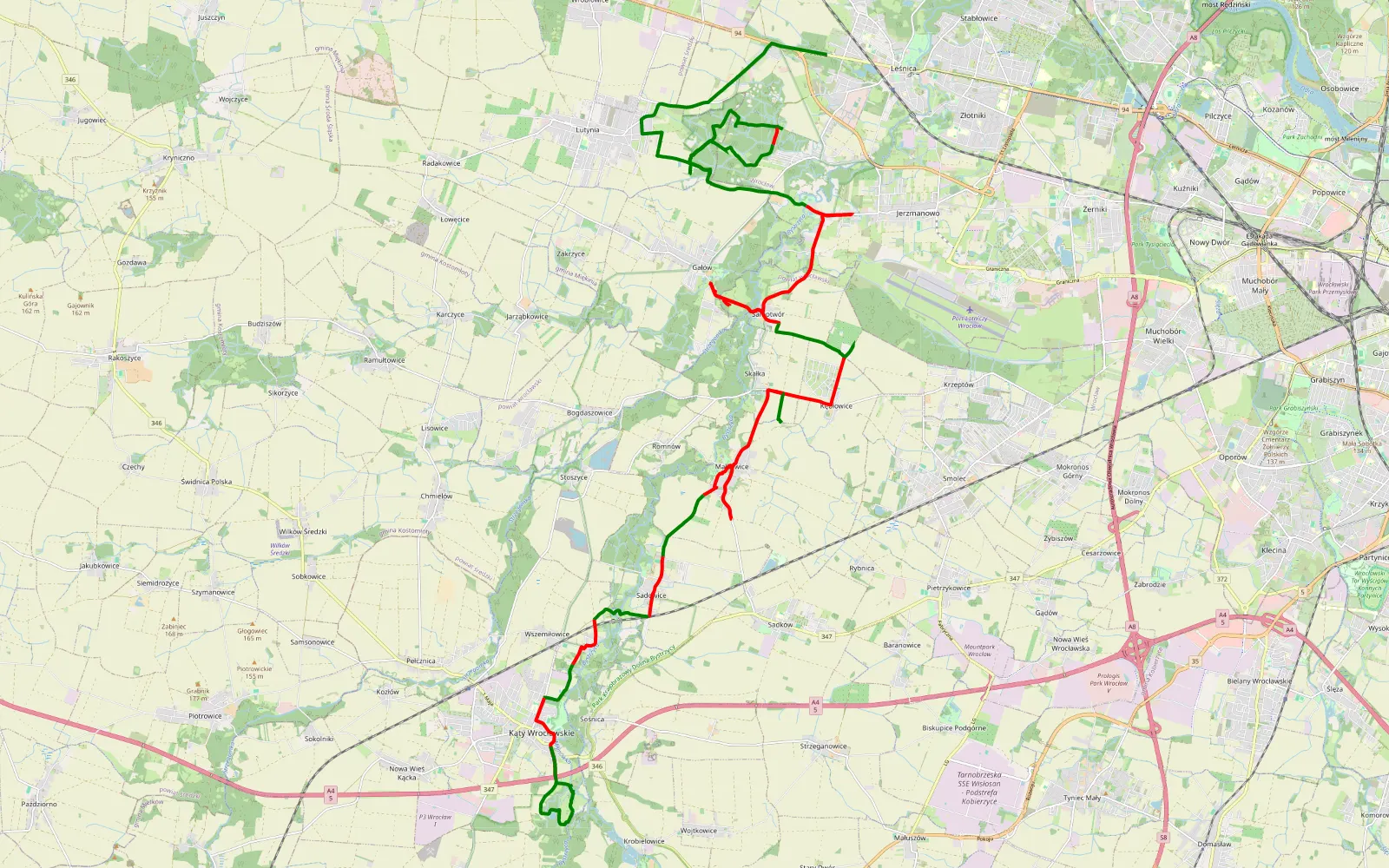 Mapa trasy Leśnica-Ratyń-Pustki - Kąty Wrocławskie - 40 km trasy offroad, Powiat Wrocławski