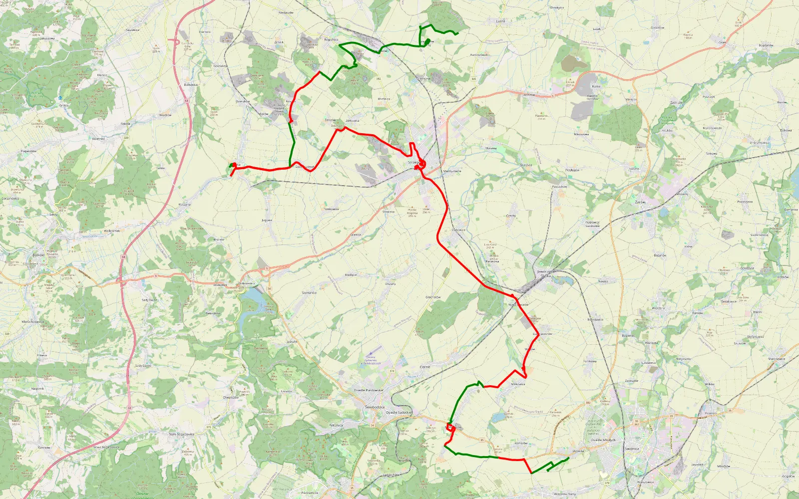 Map of Śladem ruin zamków i pałaców Trochę szosą, Trochę polem lasem - 54.2 km offroad trail, Świdnica County