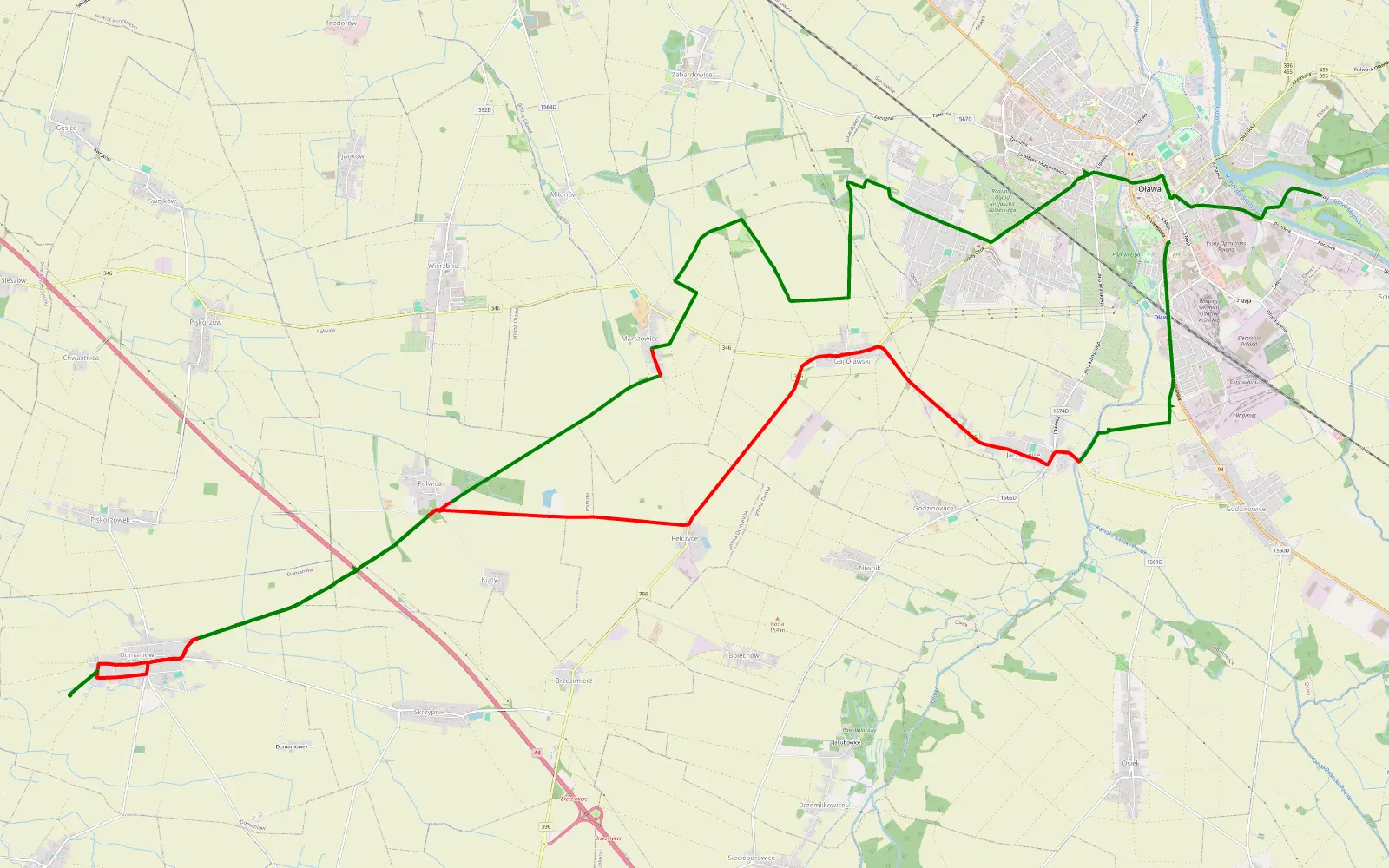 Map of Oława- Domaniów- Oława - 31.1 km offroad trail, Oława County