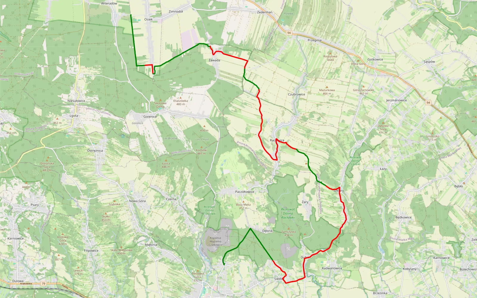 Mapa trasy Czatkowice - Osiek - 27.3 km trasy offroad, Powiat Krakowski