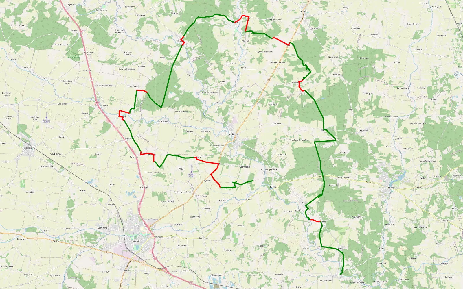 Mapa trasy Joniec - Gromadzyn - 60.5 km trasy offroad, Powiat Płoński