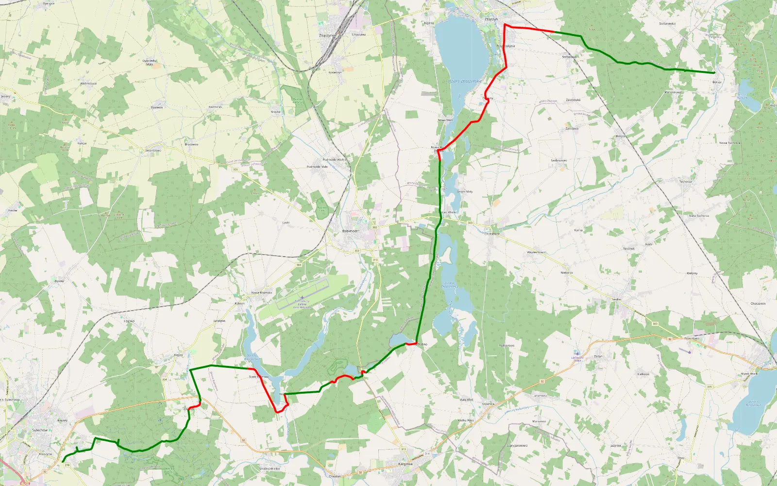 Mapa trasy Boruja - Obłotne - 48.7 km trasy offroad, Powiat Zielonogórski