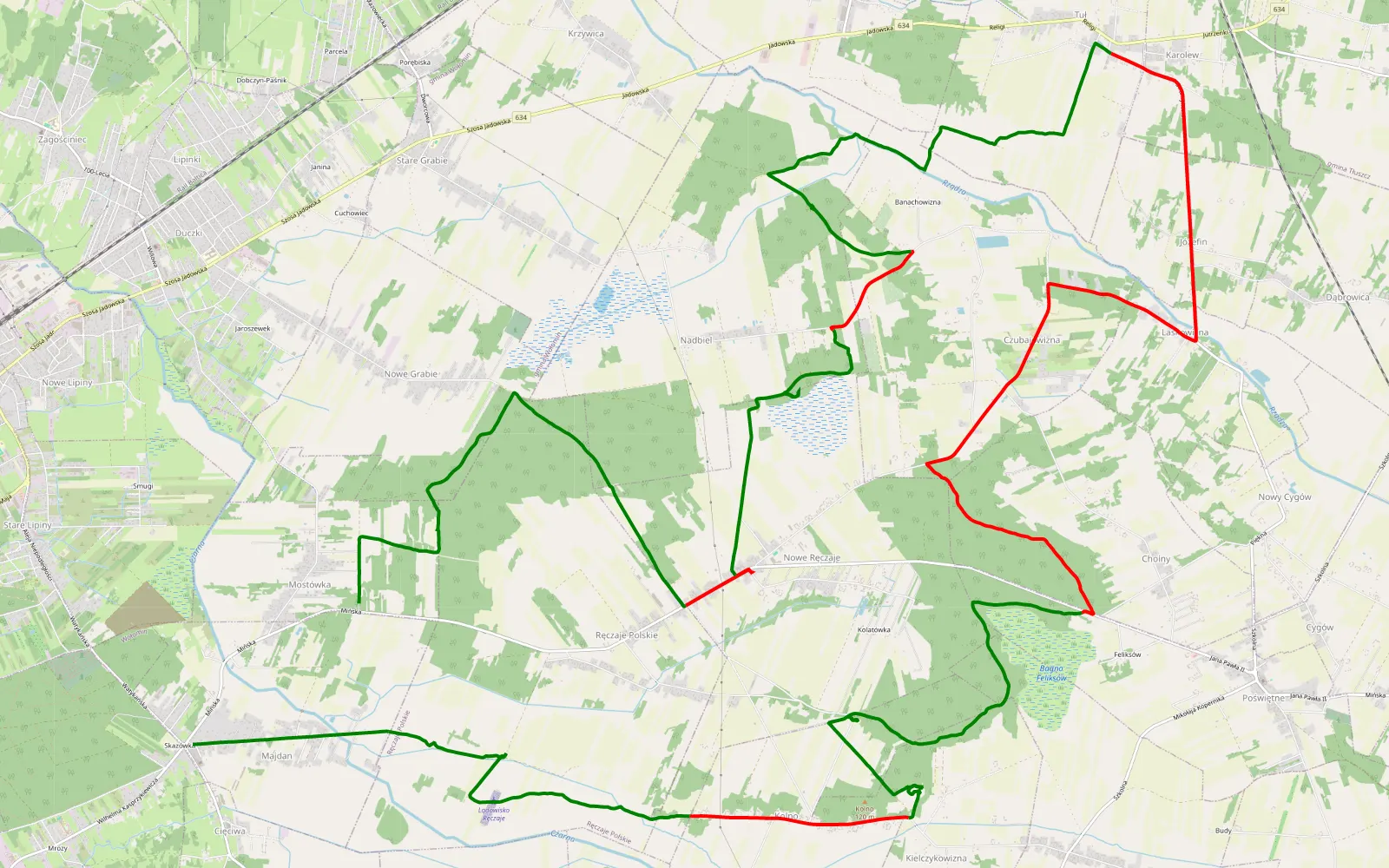 Mapa trasy Mostówka - Skazowka - 35.5 km trasy offroad, Powiat Wołomiński