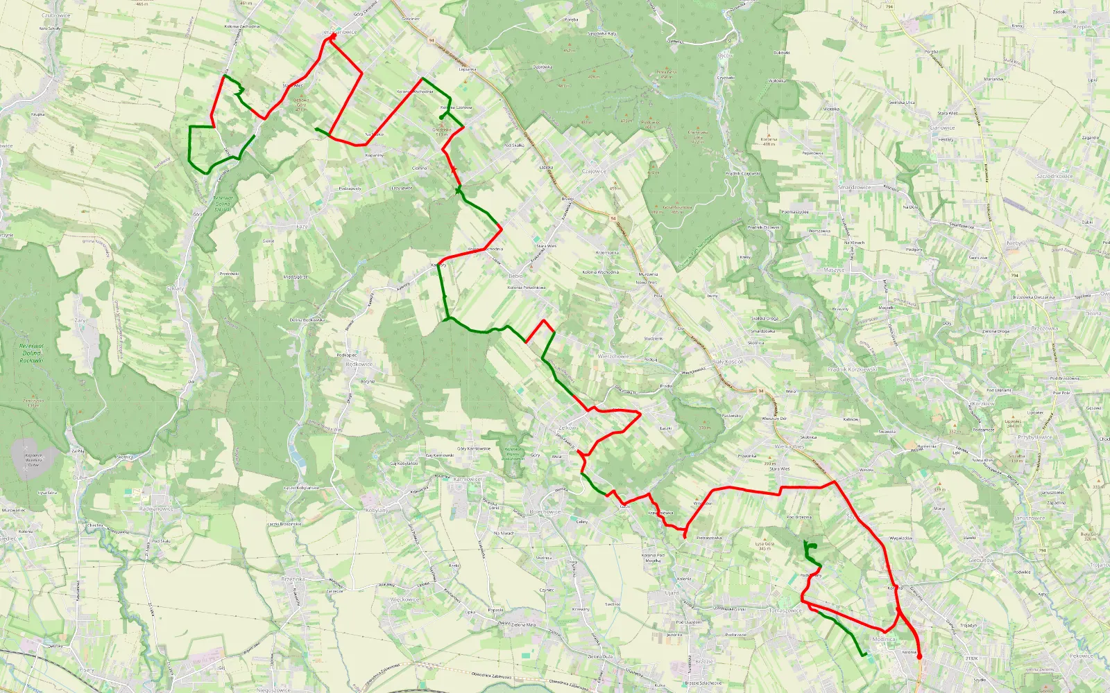 Mapa trasy Modlnica - Jaskinia Borsucza - Jaskinia Łabajowa - Łazy - 36 km trasy offroad, Powiat Krakowski