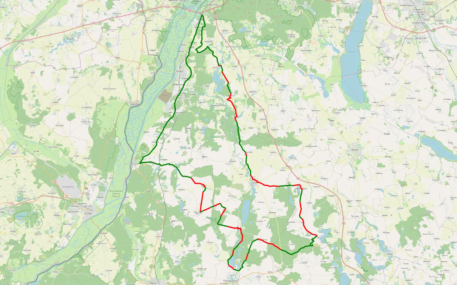 Map of Radziszewo - Banie - Załęże - Strzeszow - Swobnica - Żelechowo - Żarczyn - Lubicz - Widuchowa - Gryfino i kierunek Szczecin. - 97.7 km offroad trail, Gryfino County