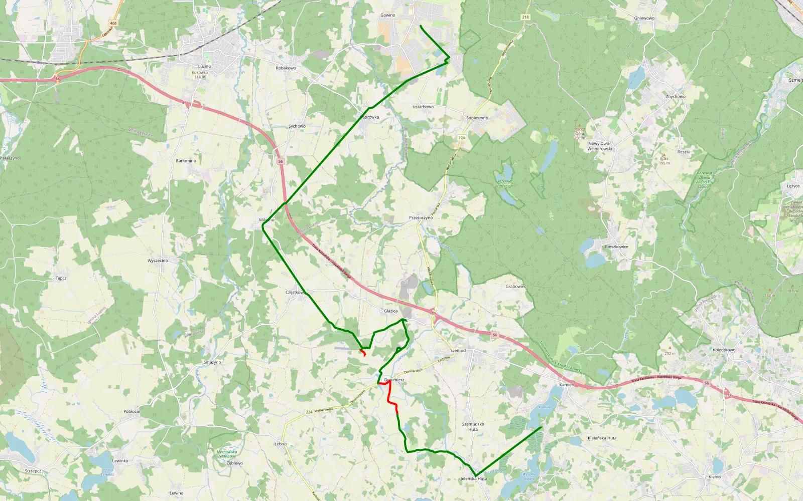 Mapa trasy Gowinko - Jeleńska Huta kamien jezioro - 11.4 km trasy offroad, Powiat Wejherowski