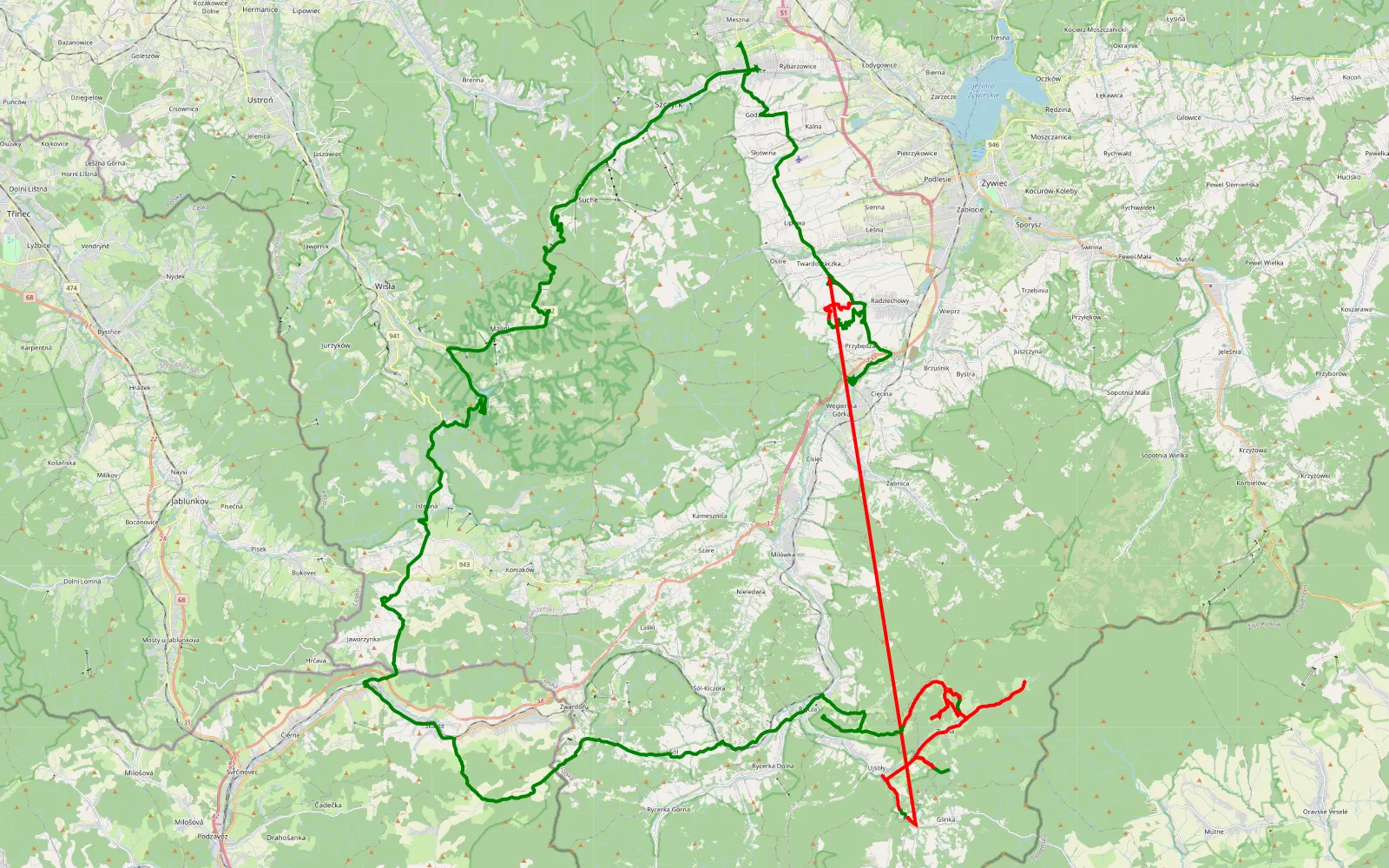 Mapa trasy Przełęcz Salmopolska from Przybędza - 61.9 km trasy offroad, Powiat Żywiecki