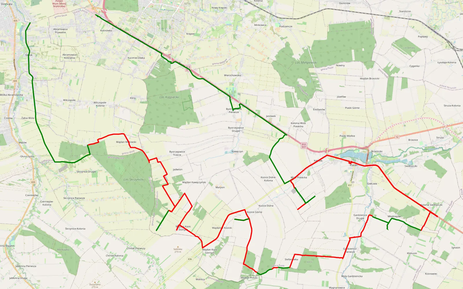 Mapa trasy Kolonia Krępiec - Abramowice Kościelne - 59.2 km trasy offroad, Powiat Świdnicki