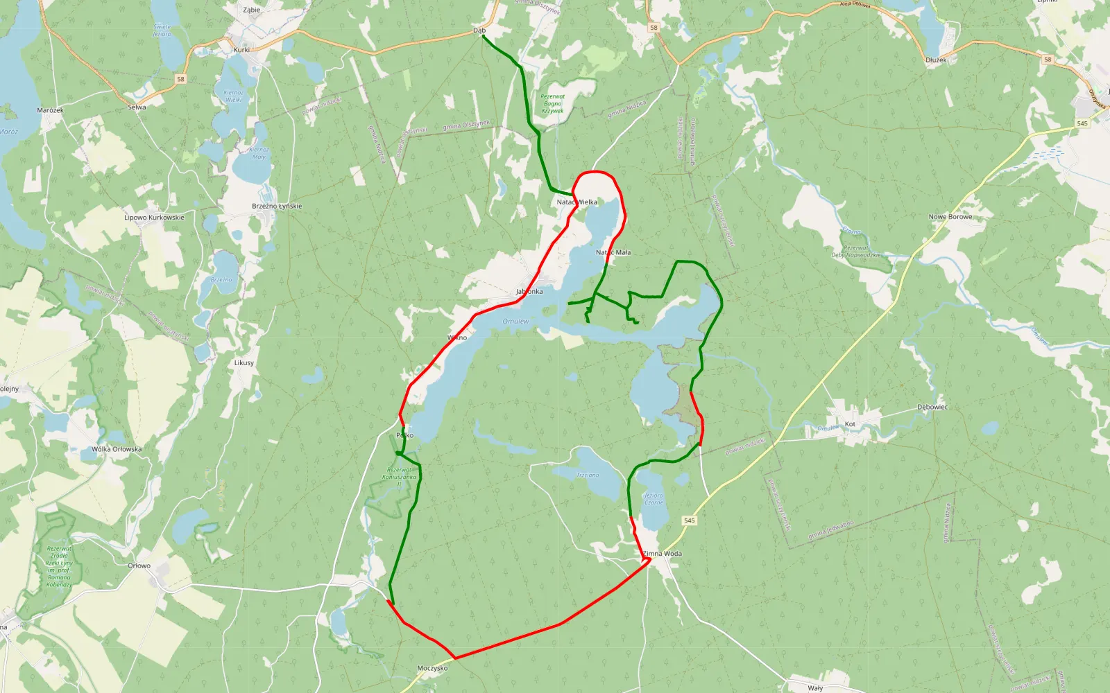 Map of Dąb - 39.3 km offroad trail, Nidzica County