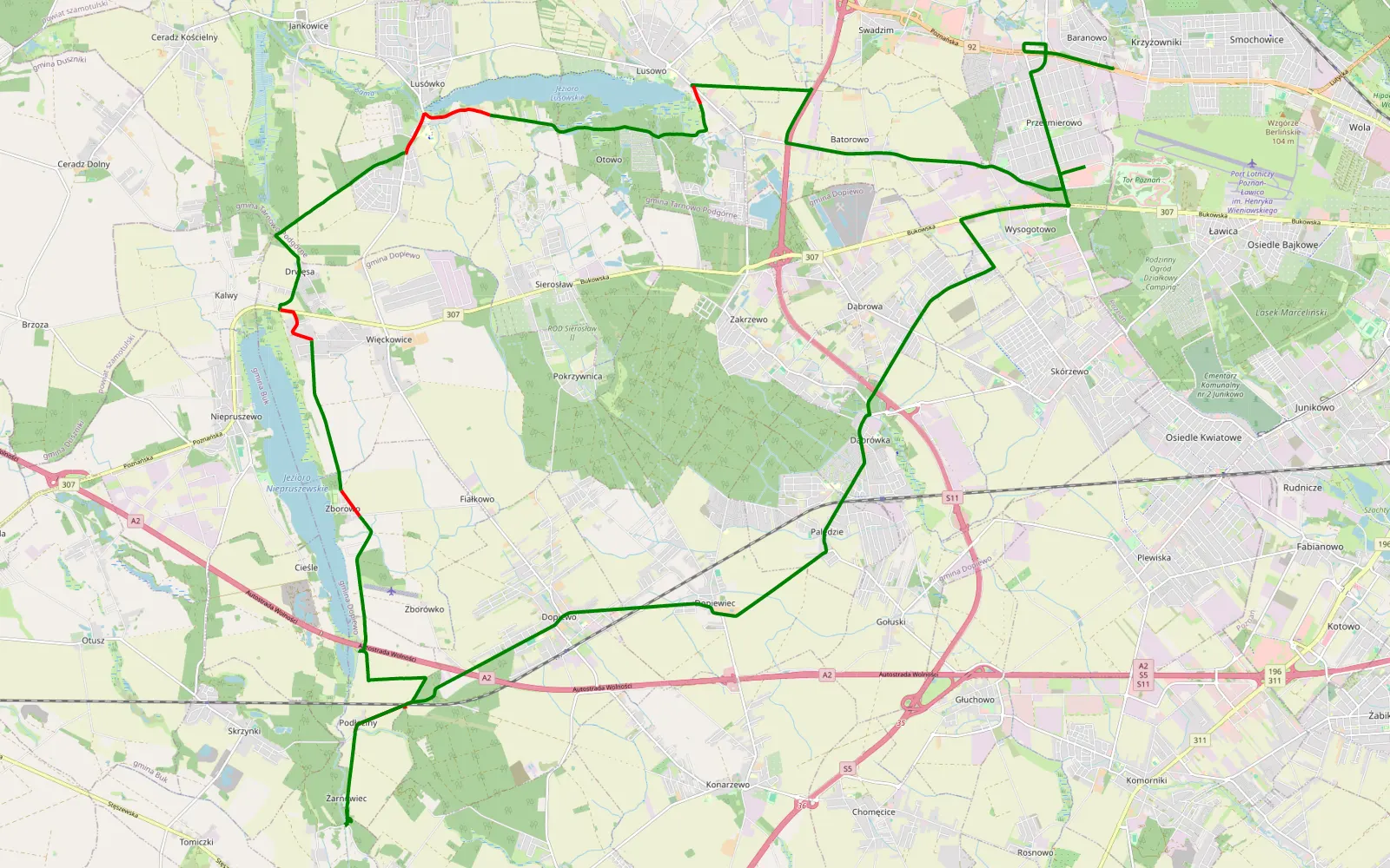 Mapa trasy Krzyżowniki - Przeźmierowo - 23.6 km trasy offroad, Powiat Poznański