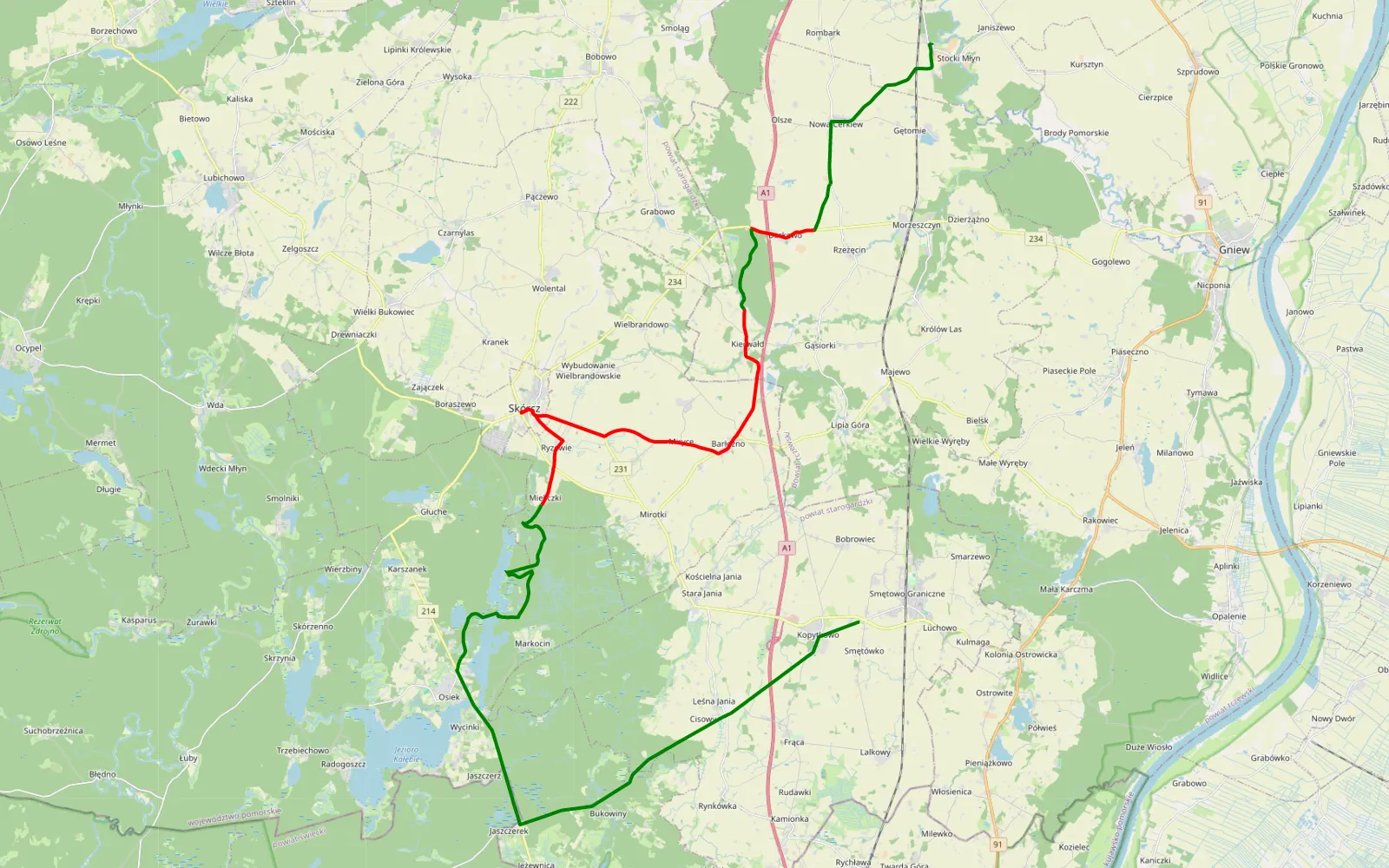 Mapa trasy Kulice - Smętowo - 28 km trasy offroad, Powiat Starogardzki