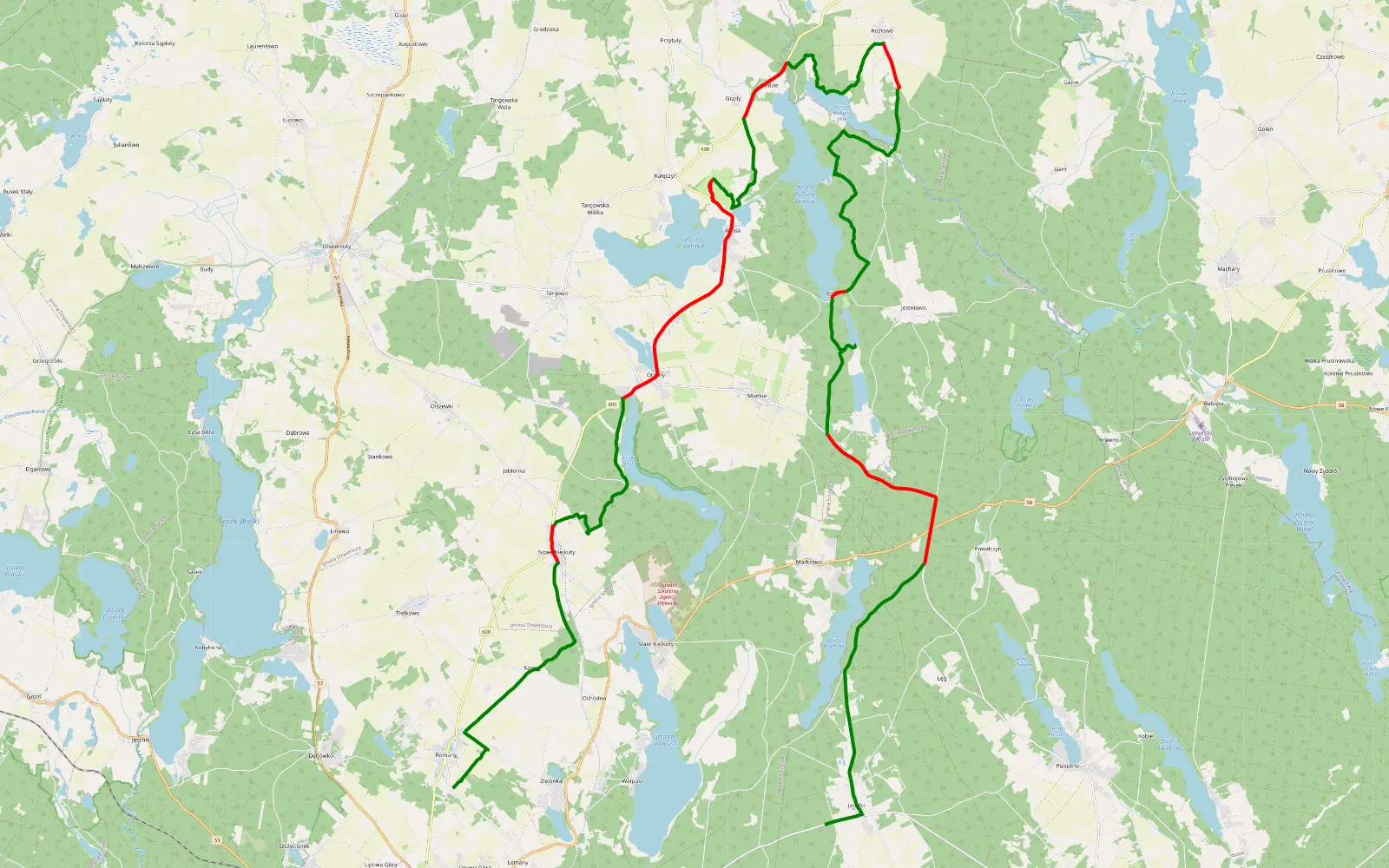 Map of Między jeziorami - 50.1 km offroad trail, Szczytno County