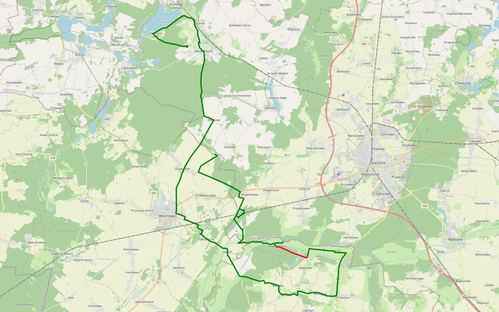 Mapa trasy Niechłód - Berlinek - 23.3 km trasy offroad, Powiat Górowski