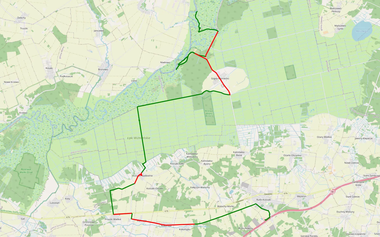 Mapa trasy Wizna - Rutki-Kossaki - 33.3 km trasy offroad, Powiat Zambrowski