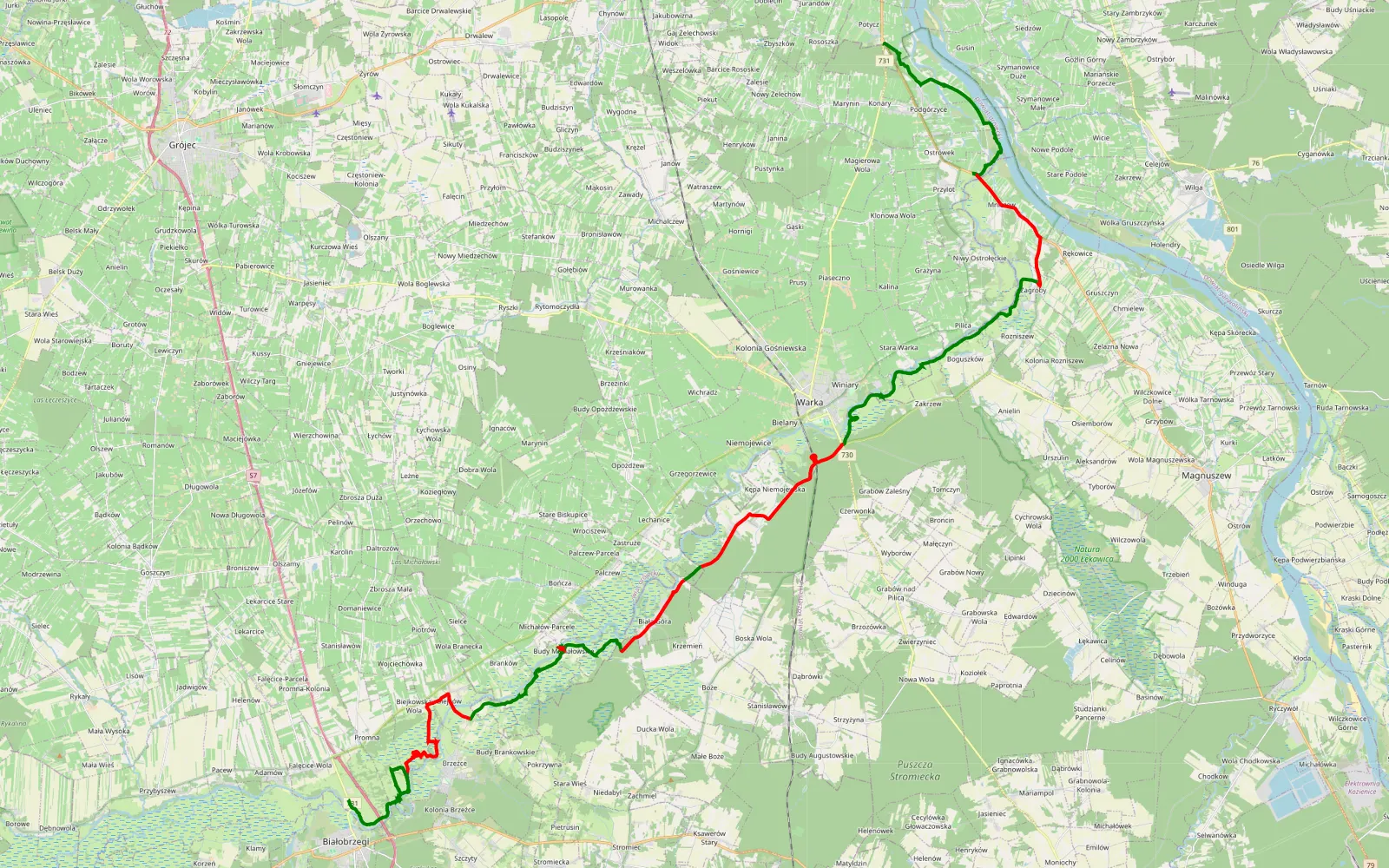 Mapa trasy Potycz - Białobrzegi - 59.9 km trasy offroad, Powiat Grójecki