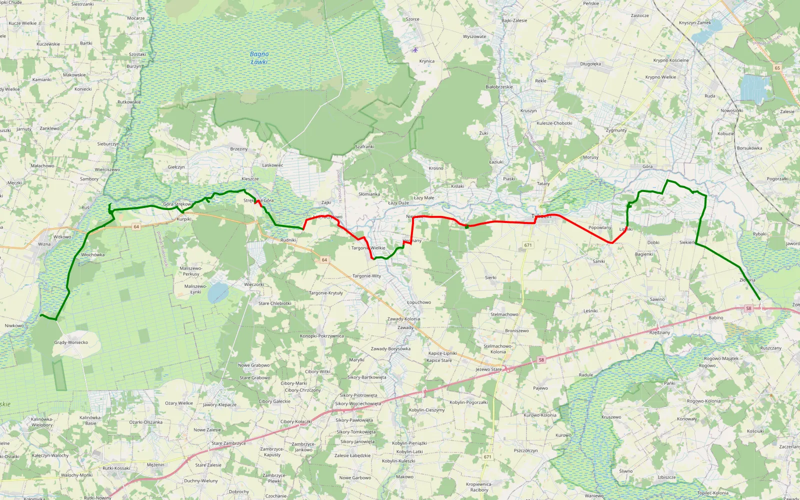 Mapa trasy Złotoria - Niwkowo - 46.7 km trasy offroad, Powiat Białostocki