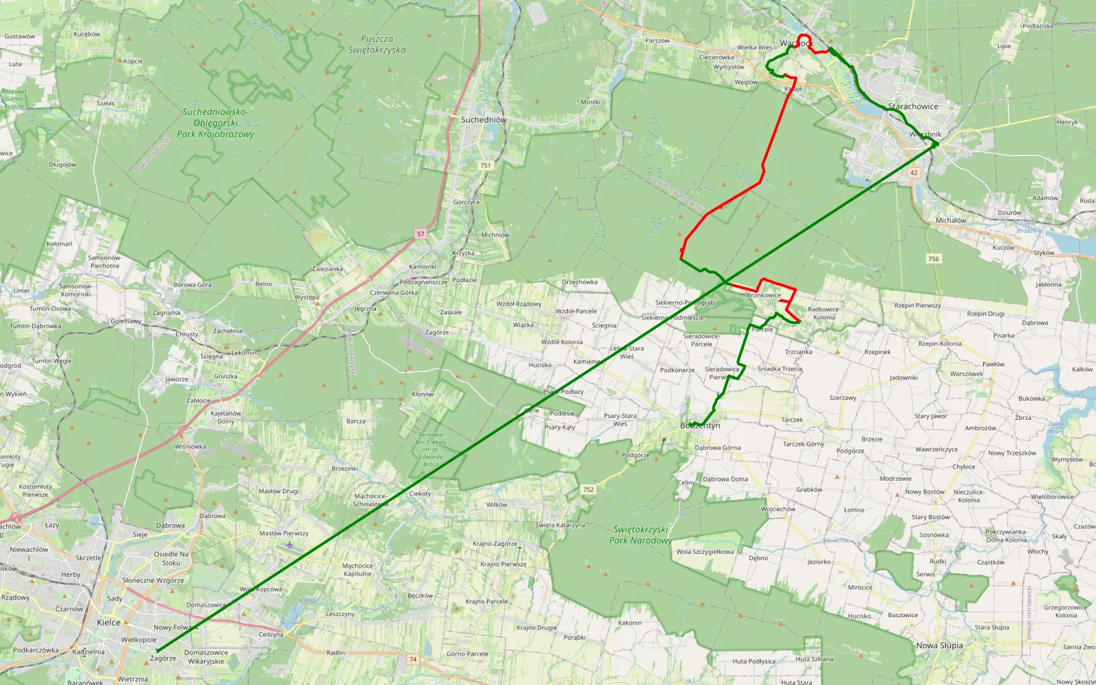 Mapa trasy Bodzentyn - Starachowice - 24.5 km trasy offroad, Powiat Starachowicki
