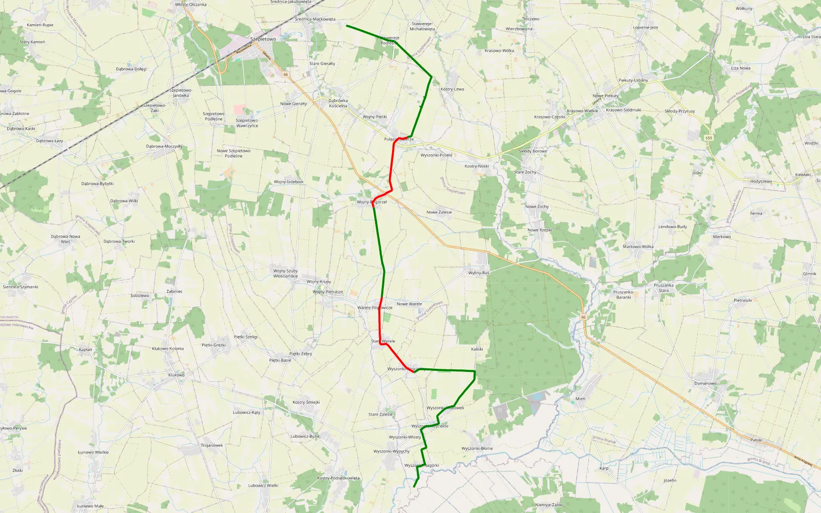 Map of Wyszonki Nagórki - Średnica Maćkowięta - 16.6 km offroad trail, Wysokie Mazowieckie County