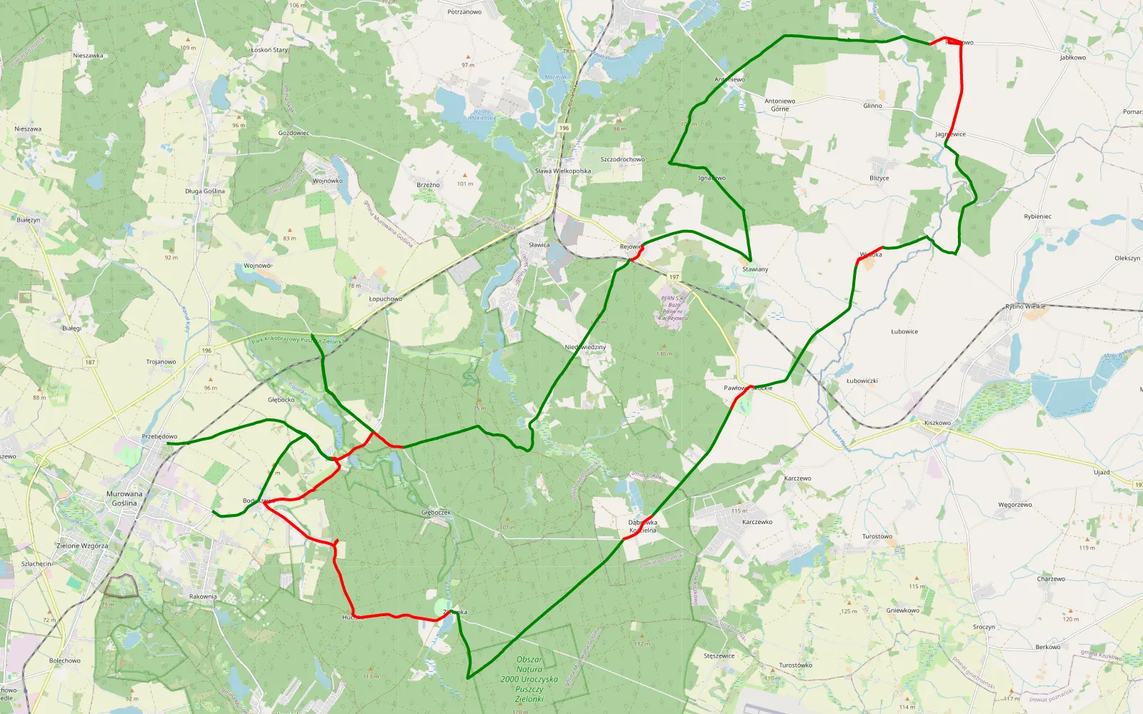 Map of Przebędowo - 64.5 km offroad trail, Wągrowiec County