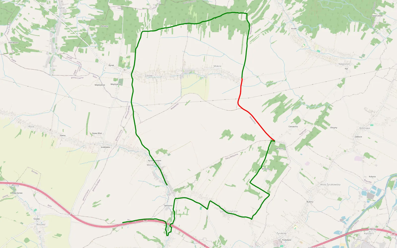 Mapa trasy Świercze - Wiewiórka - 10.1 km trasy offroad, Powiat Dębicki