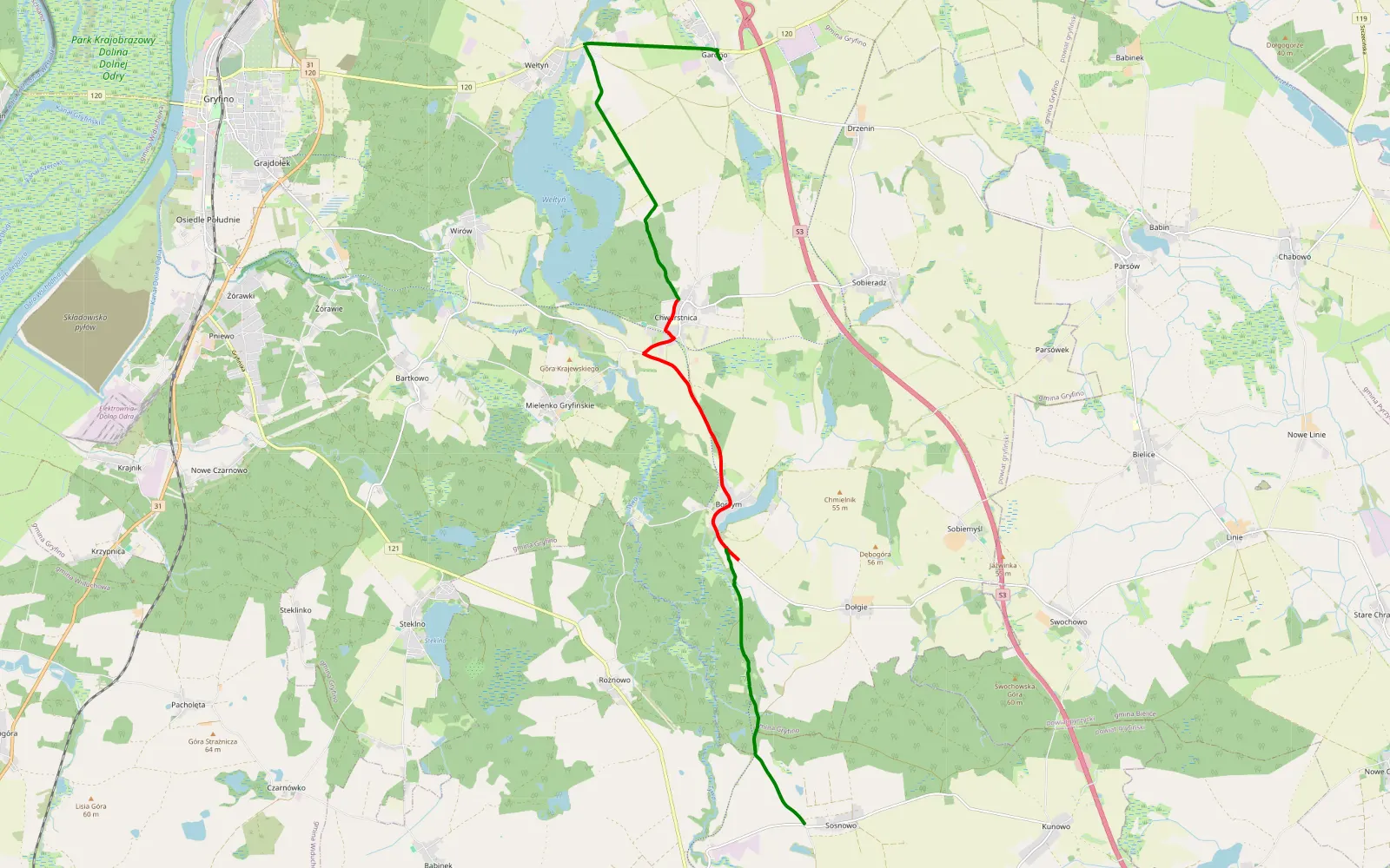 Map of Sehr gut top Gardno - - 16.1 km offroad trail, Gryfino County